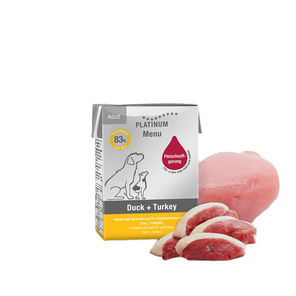 Câini - PLATINUM Menu, Hrană Umedă Câine Adult, Rața și Curcan, 185g