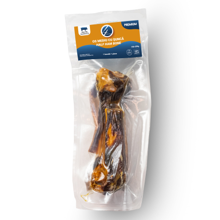 Piele Presată - Recompensă pentru Câine Adult, 4PET, Os cu Șuncă, Talie Medie, 150-250g