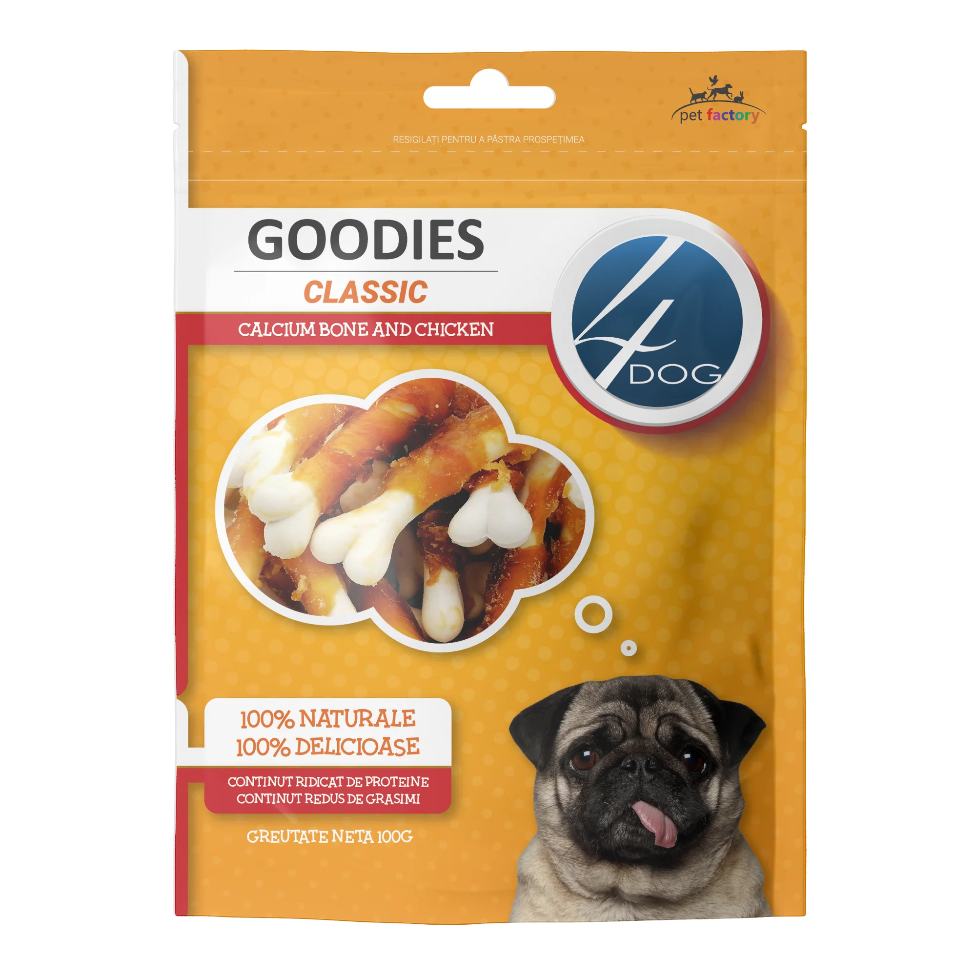 Câini - Recompense pentru Câine Adult, 4DOG GOODIES Classic, Os din Calciu cu Pui, 100g