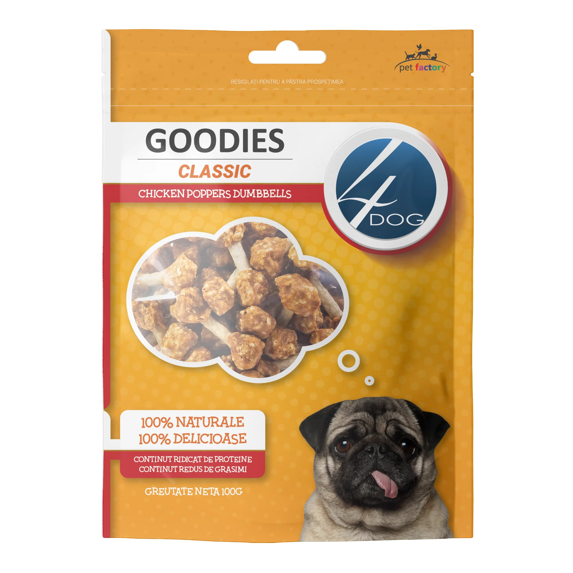 Câini - Recompense pentru Câine Adult, 4DOG GOODIES Classic, Dumbbells cu Pui, 100g