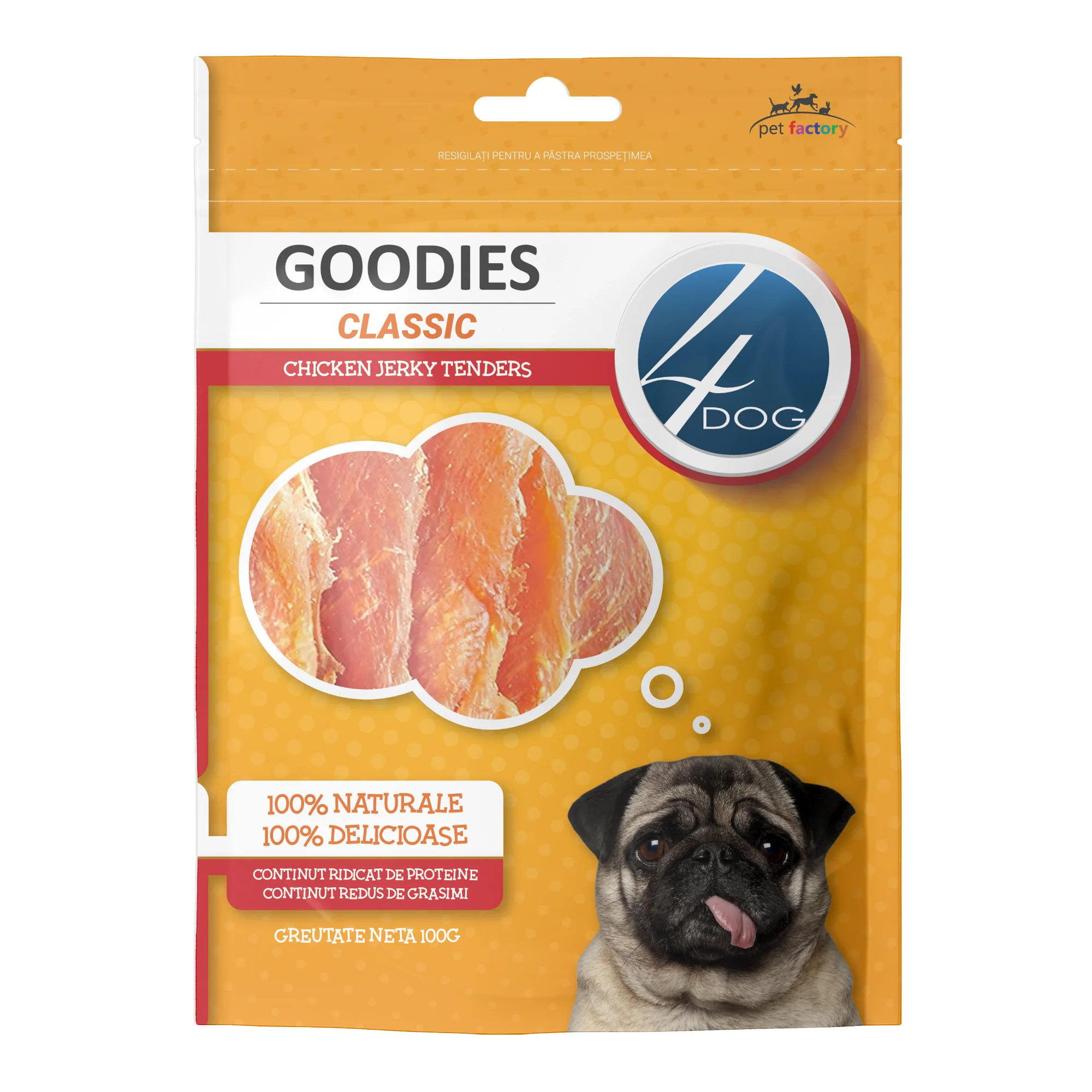 Câini - Recompense pentru Câine Adult, 4DOG GOODIES Classic, Jerky Tenders Pui, 100g