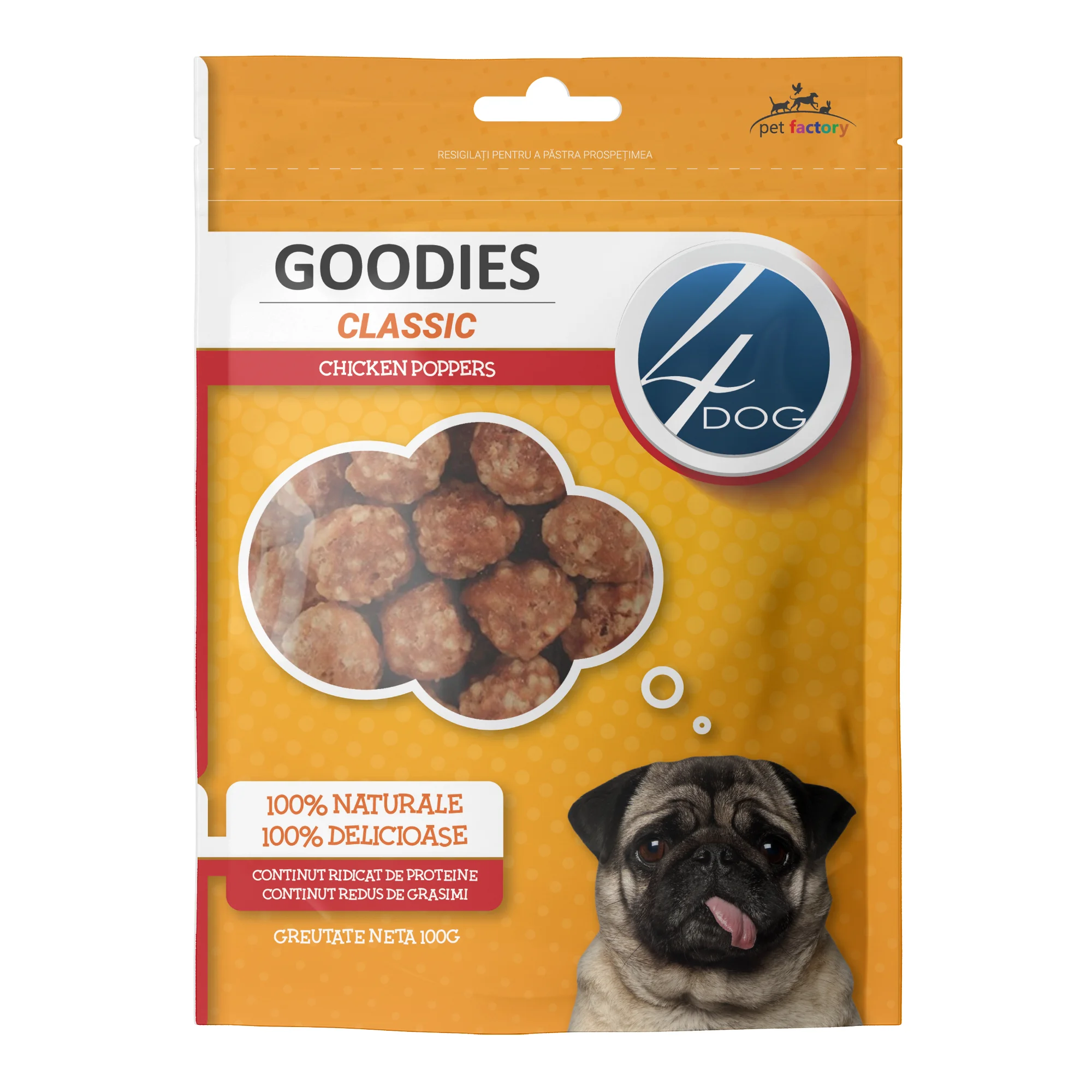 Câini - Recompense pentru Câine Adult, 4DOG GOODIES Classic, Poppers cu Pui, 100g