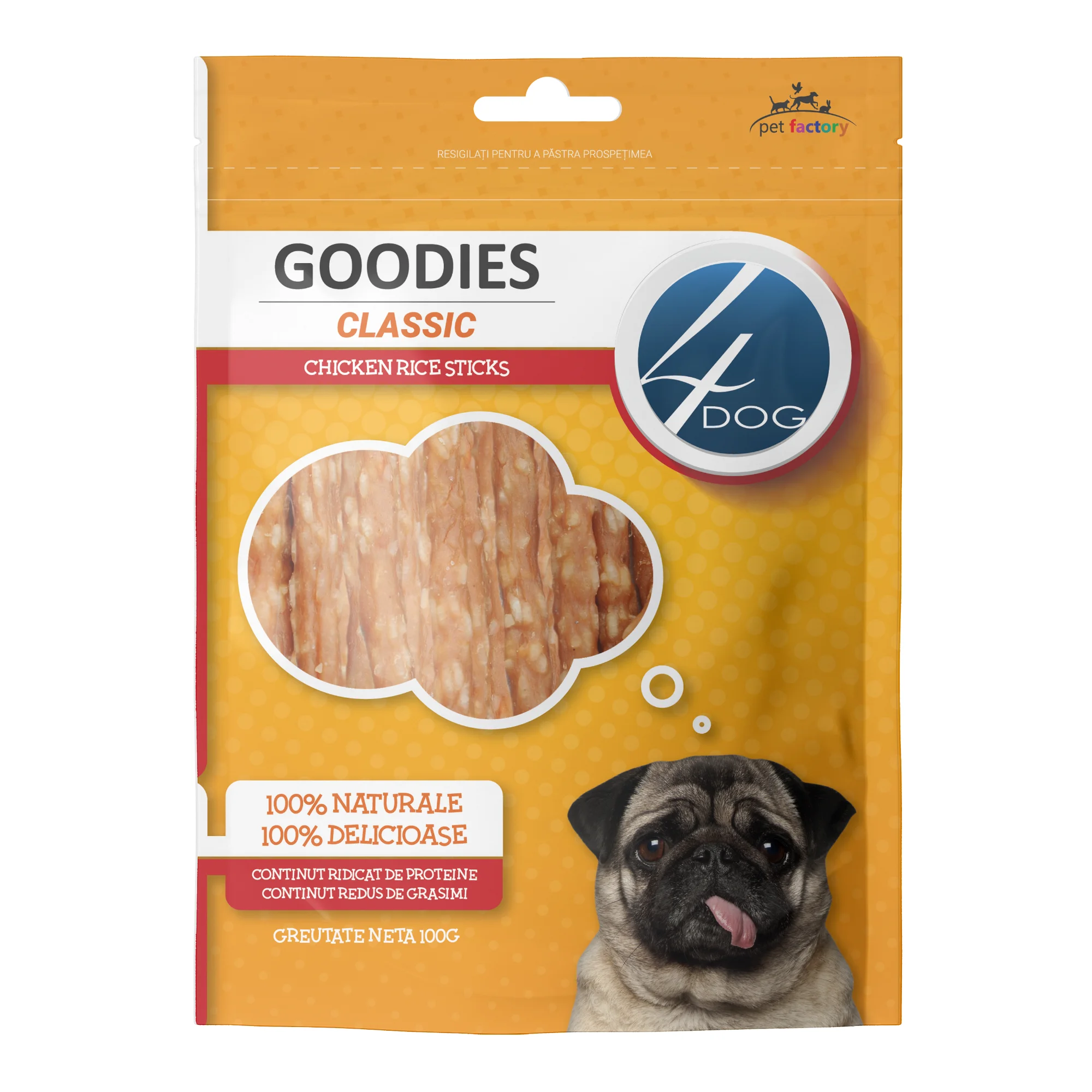 Câini - Recompense pentru Câine Adult, 4DOG GOODIES Classic, Sticks cu Pui și Orez, 100g