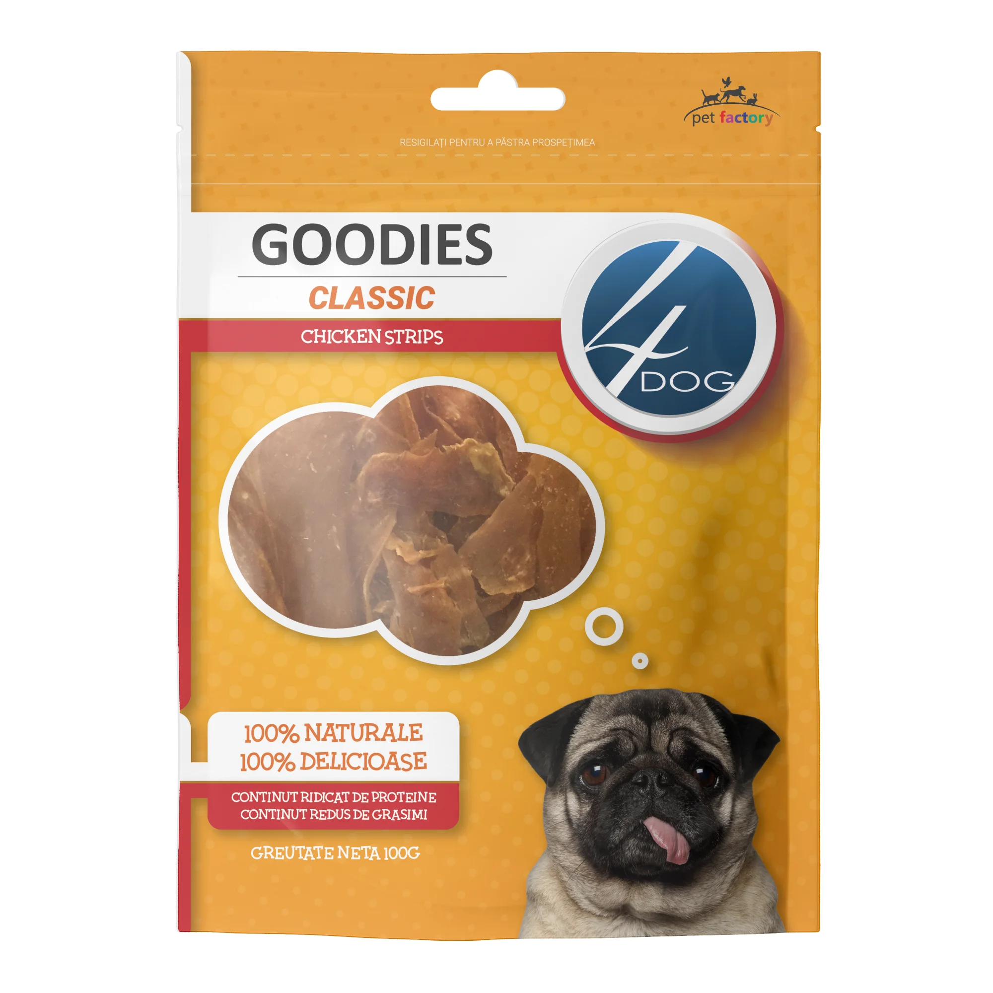 Câini - Recompense pentru Câine Adult, 4DOG GOODIES Classic, Strips de Pui, 100g
