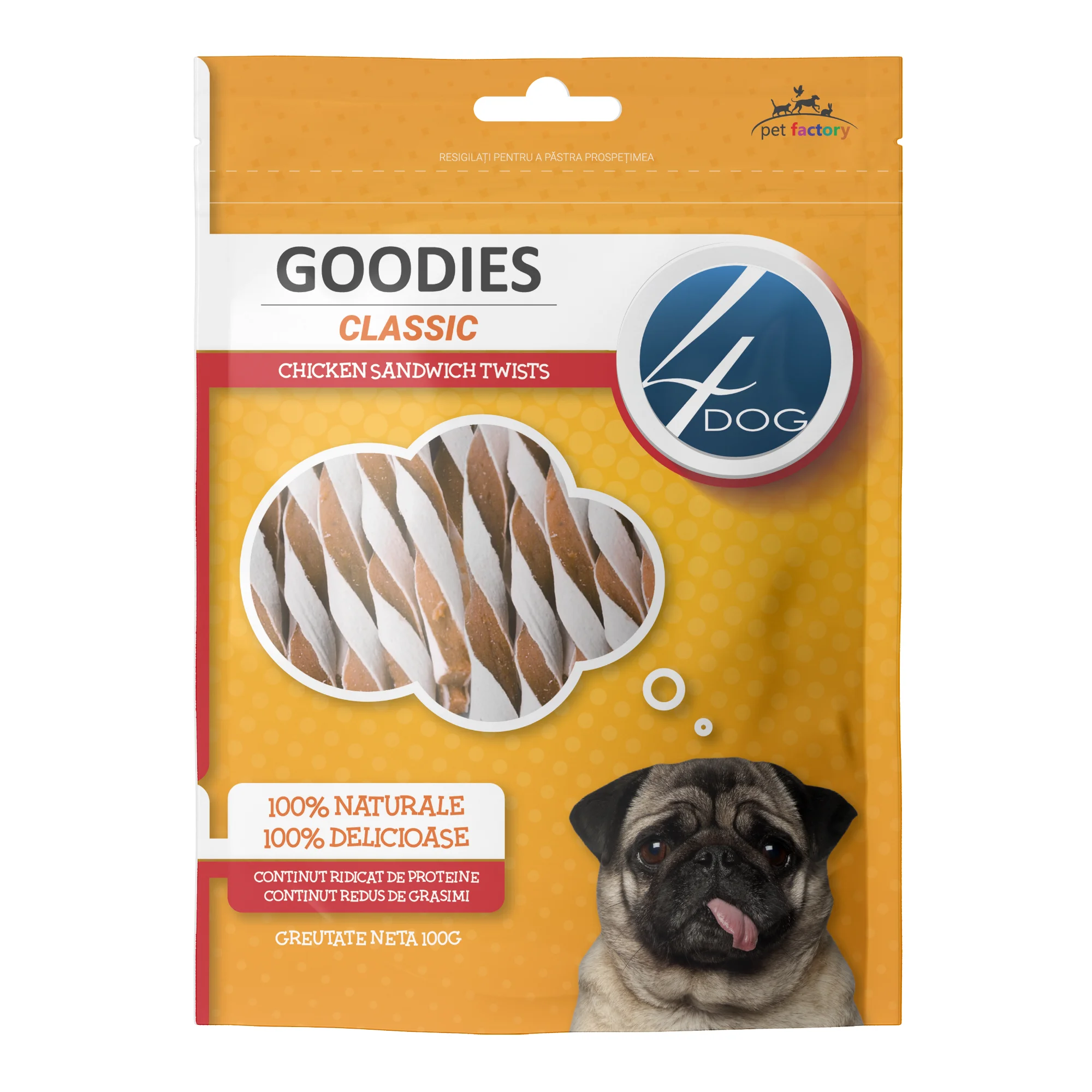 Câini - Recompense pentru Câine Adult, 4DOG GOODIES Classic, Twists cu Pui, 100g