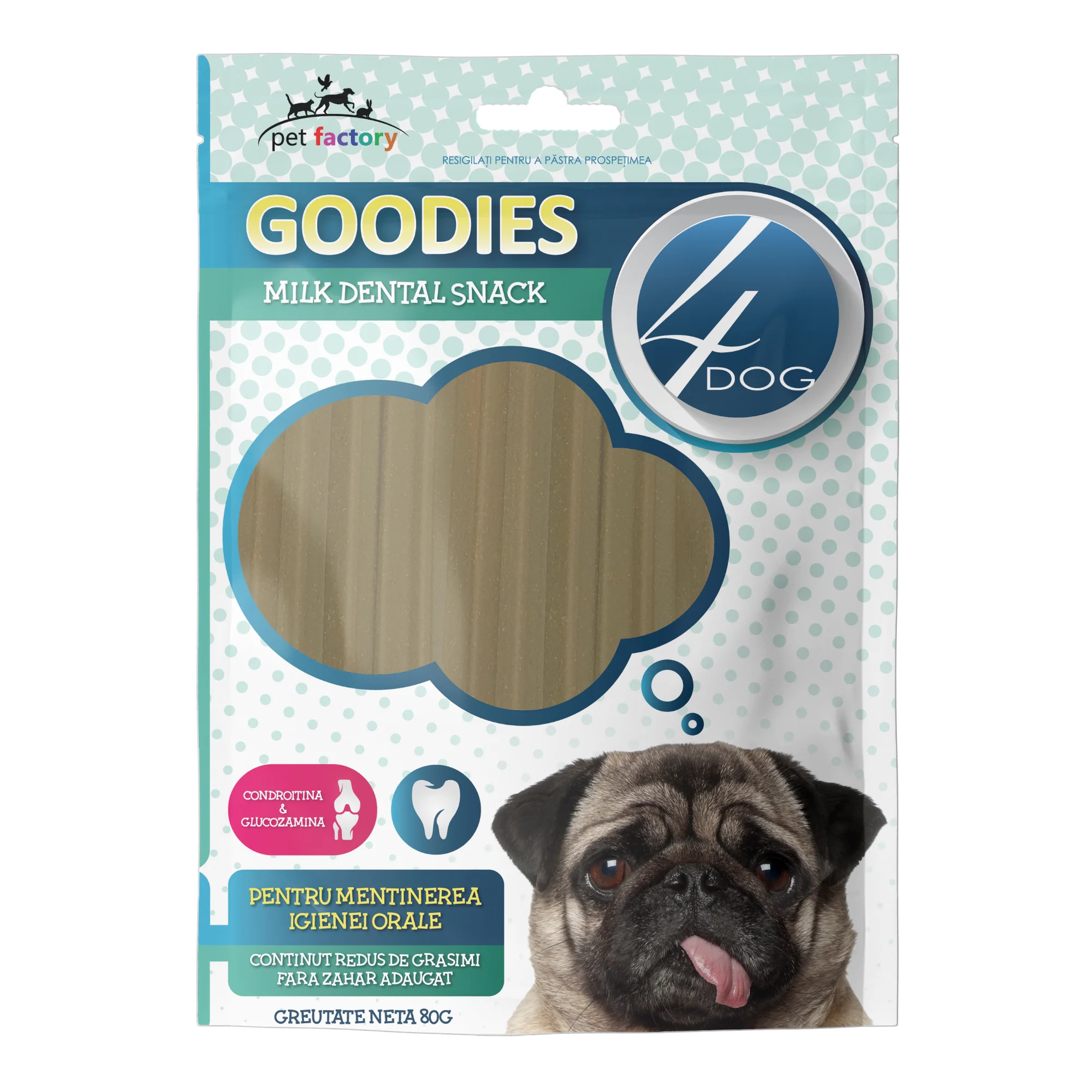 Câini - Recompense pentru Câine Adult, 4DOG GOODIES Dental Sticks, Lapte și Glucozamină, 80g