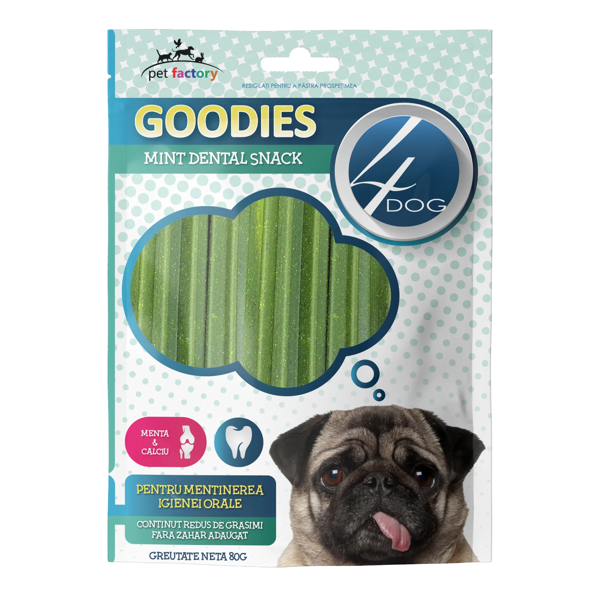 Câini - Recompense pentru Câine Adult, 4DOG GOODIES Dental Sticks, Mentă și Calciu, 80g