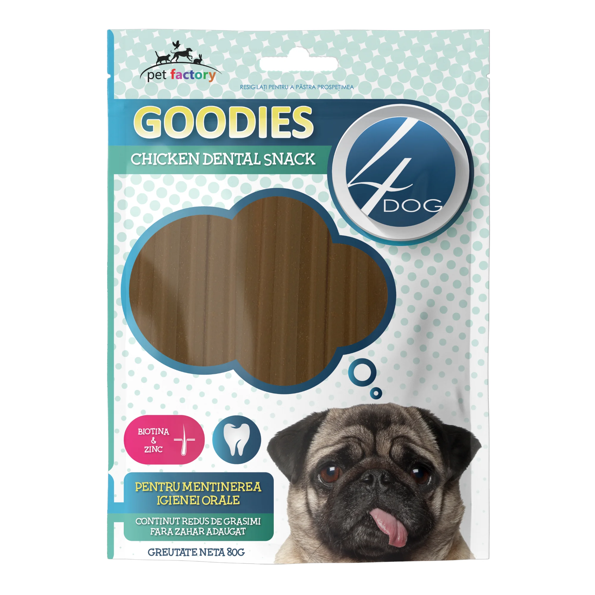 Câini - Recompense pentru Câine Adult, 4DOG GOODIES Dental Sticks, Pui și Biotină, 80g