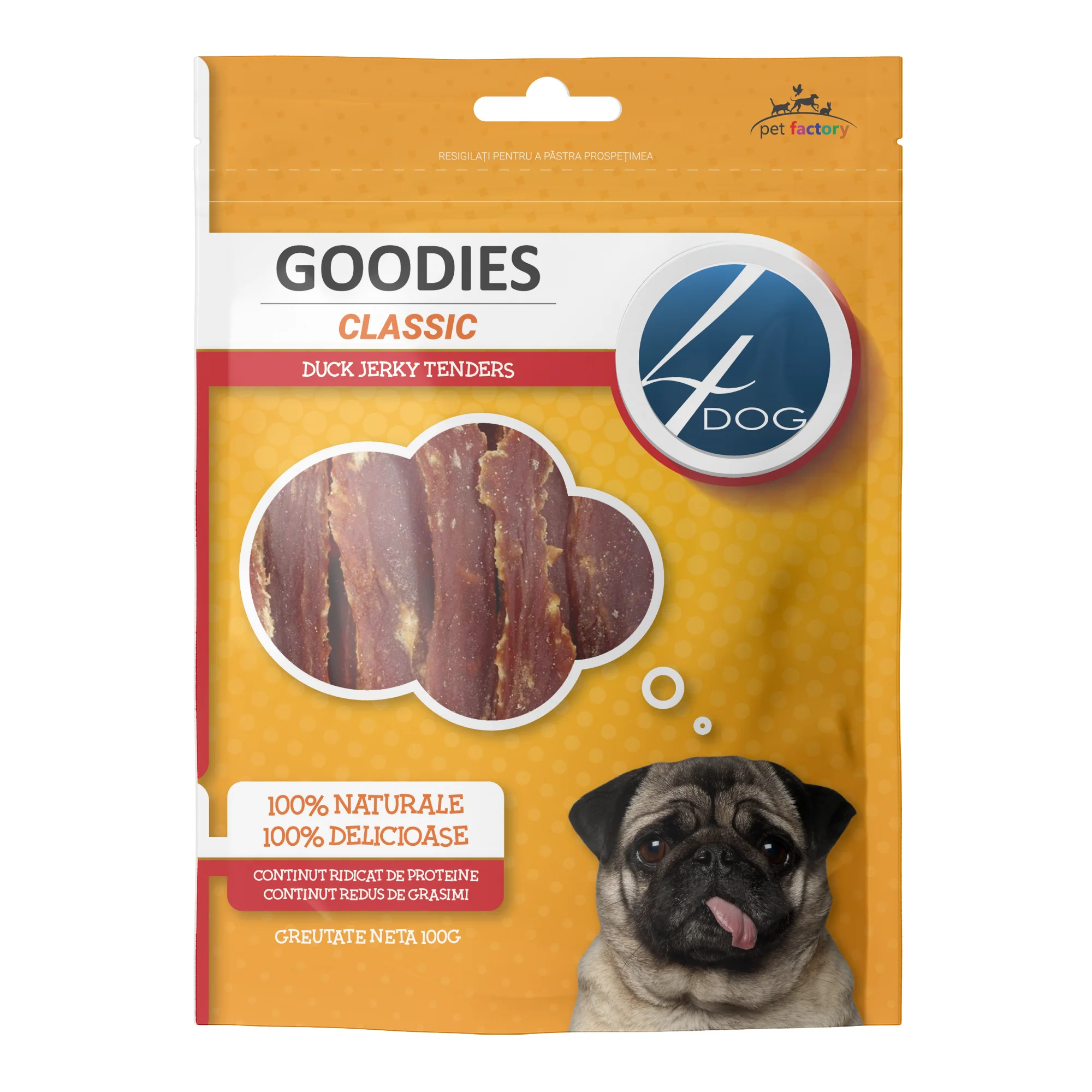 Câini - Recompense pentru Câine Adult, 4DOG GOODIES Classic, Jerky Tenders Rață, 100g