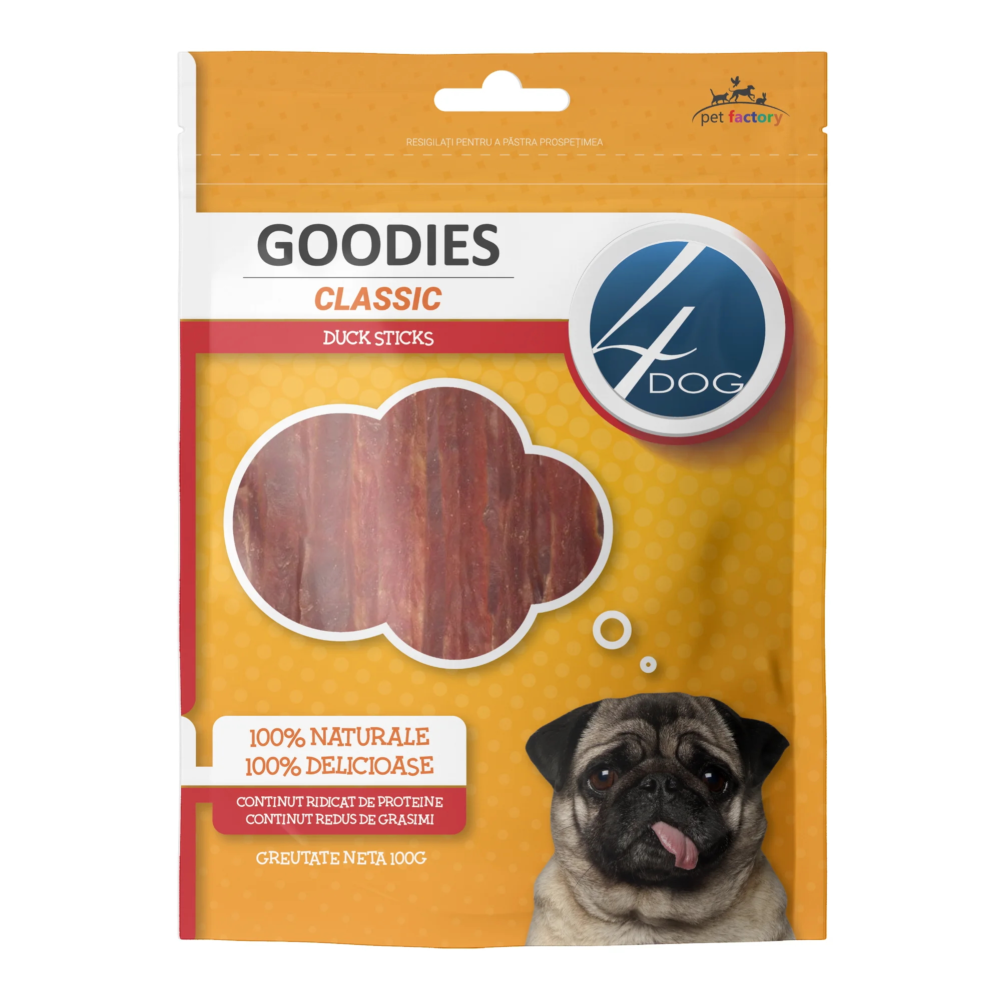 Câini - Recompense pentru Câine Adult, 4DOG GOODIES Classic, Sticks cu Rață, 100g