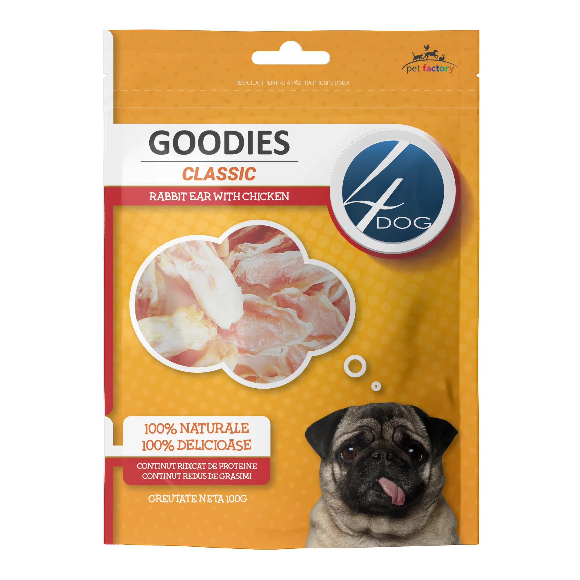 Câini - Recompense pentru Câine Adult, 4DOG GOODIES Classic, Urechi de Iepure cu Pui, 100g