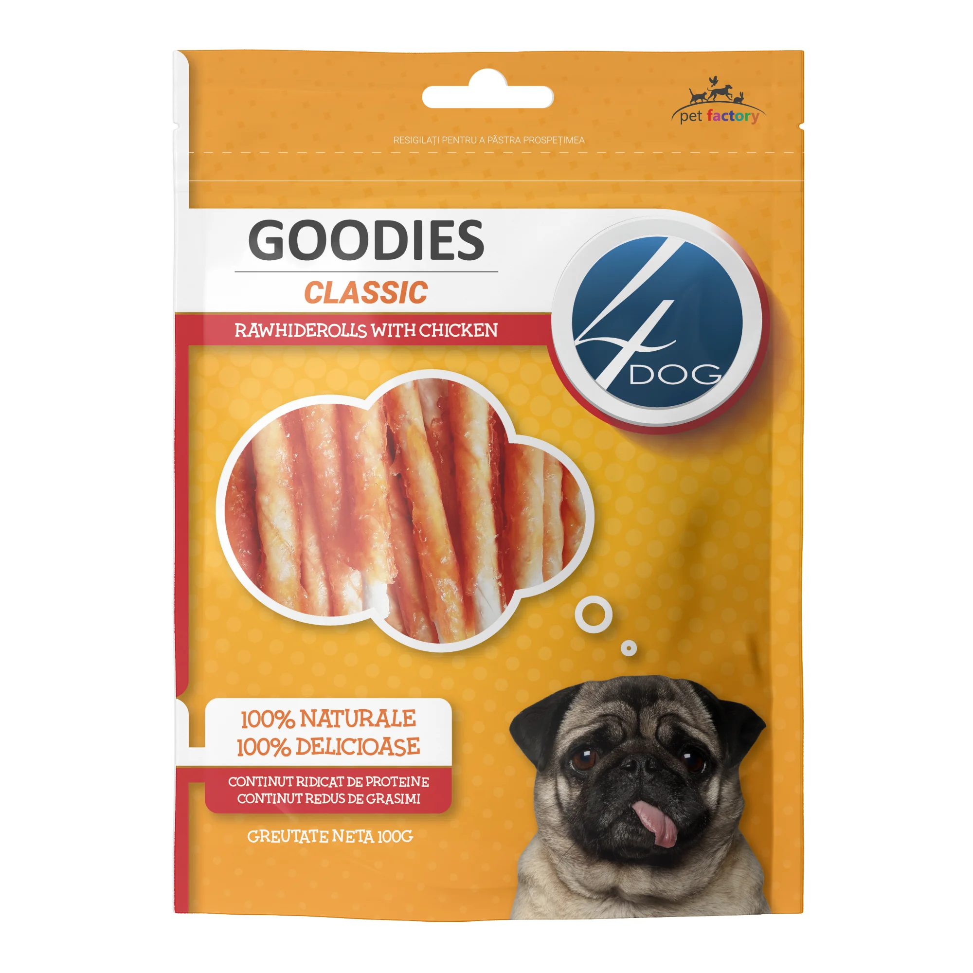 Câini - Recompense pentru Câine Adult, 4DOG GOODIES Classic, Piele Presată și Pui, 100g