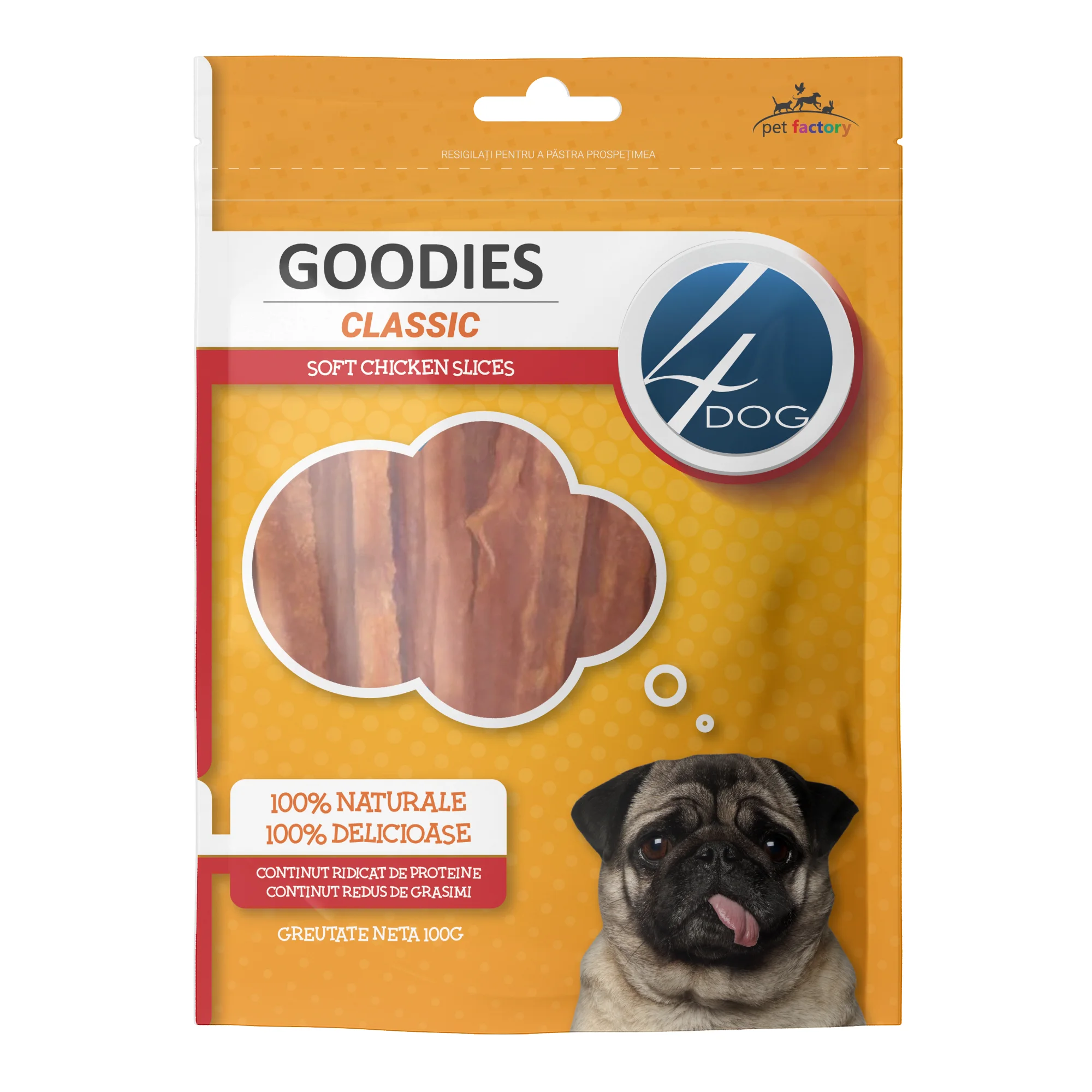 Câini - Recompense pentru Câine Adult, 4DOG GOODIES Classic, Fâșii Moi de Pui, 100g