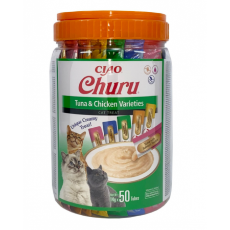 Recompense Pisici - Recompense Cremoase Pisică Adult, CHURU Varieties, Varietăți de Pui și Ton, 50 bucăți