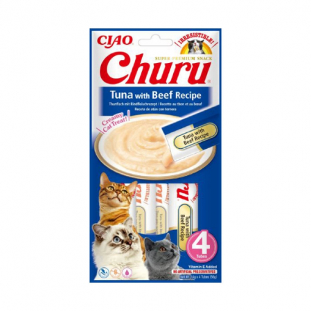 Recompense Pisici - Recompense Cremoase Pisică Adult, CHURU, Ton și Vită, 4x14g