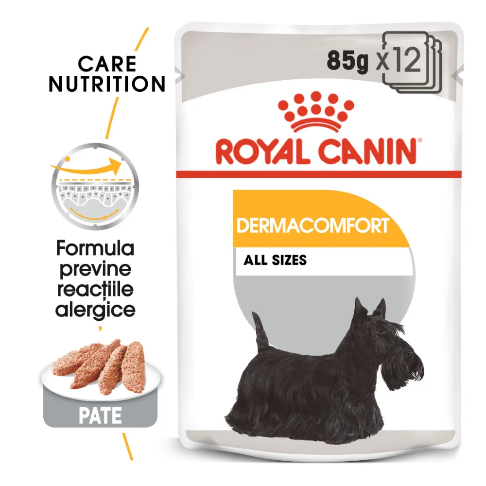 Câini - ROYAL CANIN Dermacomfort Adult, hrană umedă câine, prevenirea iritațiilor pielii (pate), 12x85g