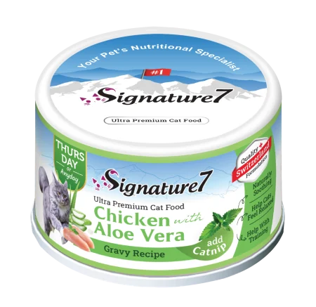 Pisici - Hrană Umedă Pisică Adult, SIGNATURE7, Pui și Aloe Vera în Sos cu Iarba-Mâței, 70g