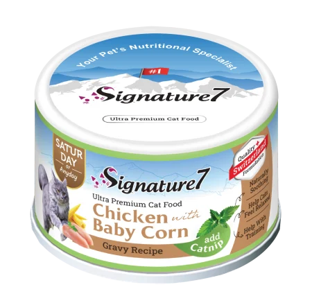 Pisici - Hrană Umedă Pisică Adult, SIGNATURE7, Pui și Porumb Baby în Sos cu Iarba-Mâței, 70g
