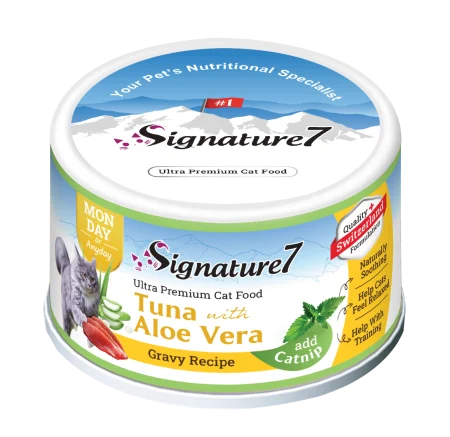 Pisici - Hrană Umedă Pisică Adult, SIGNATURE7, Ton și Aloe Vera în Sos cu Iarba-Mâței, 70g