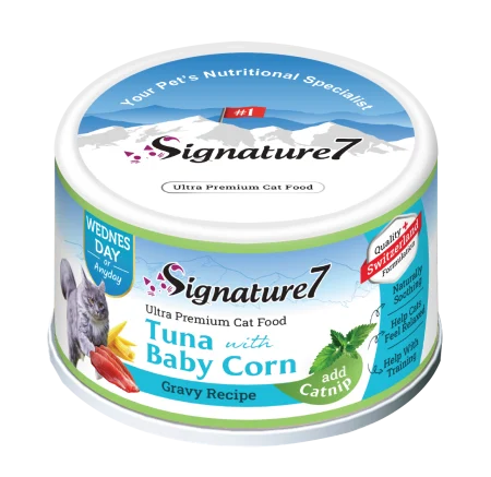 Pisici - Hrană Umedă Pisică Adult, SIGNATURE7, Ton și Porumb Baby în Sos cu Iarba-Mâței, 70g
