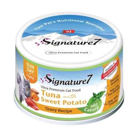 Pisici - Hrană Umedă Pisică Adult, SIGNATURE7, Ton și Cartof Dulce în Sos cu Iarba-Mâței, 70g