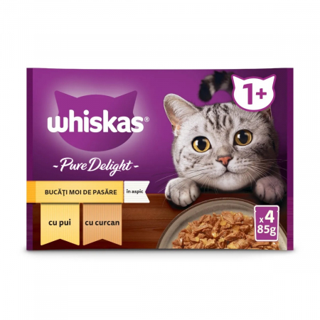 Pisică Adult - Hrana Umeda Pisici WHISKAS Pure Delight Selectii Pasare in Aspic 4x85g