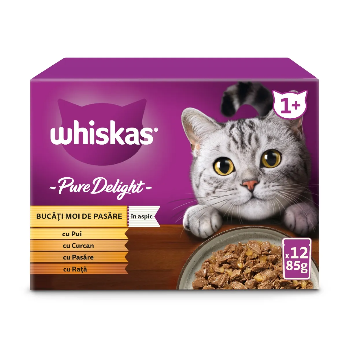 Pisică Adult - Hrana Umeda Pisici WHISKAS Pure Delight Selectii Pasare 12x85g