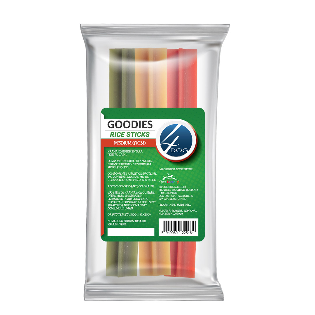 4DOG GOODIES Rice Sticks, recompense caini pentru talie medie, 17 cm, 3 bucati punga