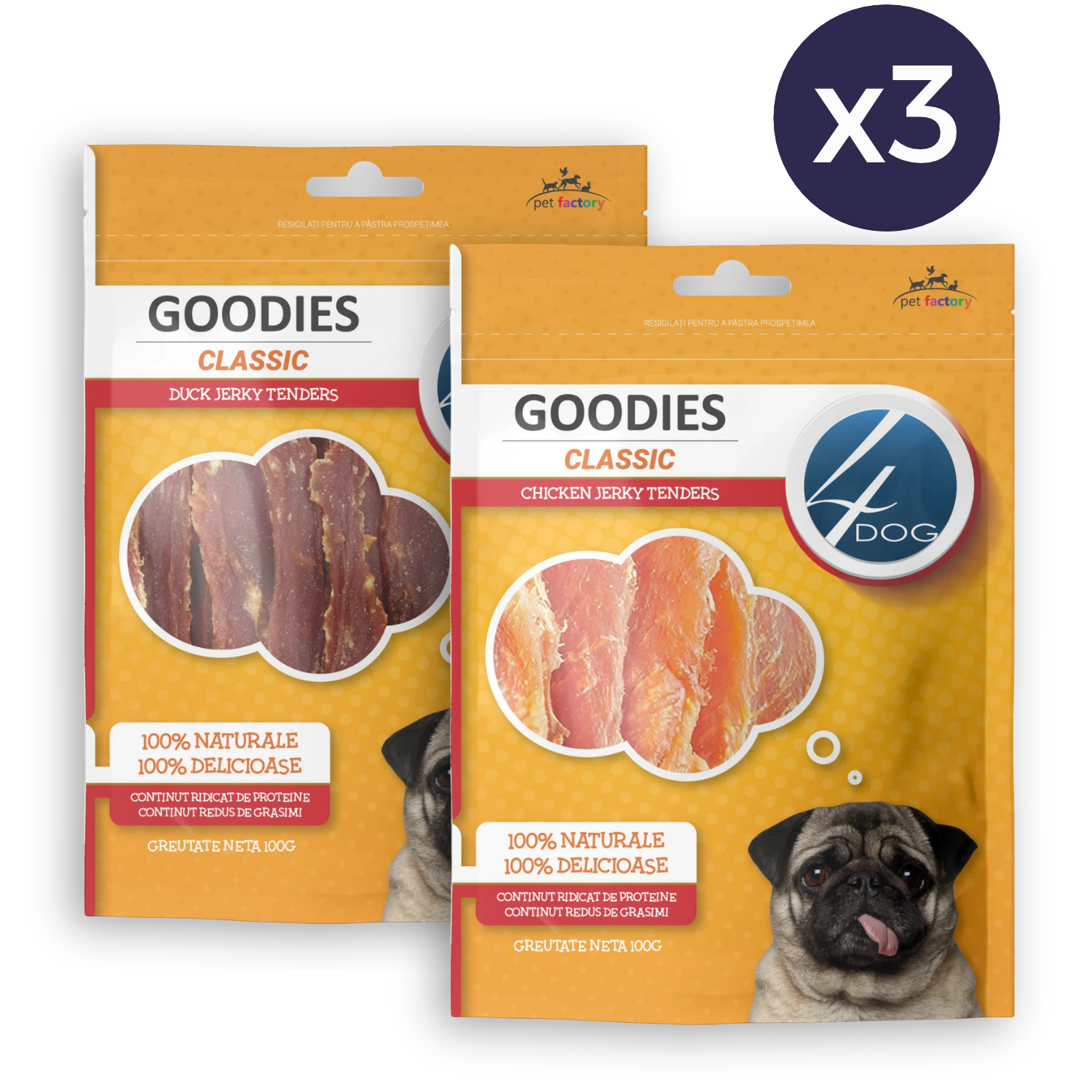COMBOPACK Recompense pentru Câine Adult, 4DOG GOODIES Classic, Jerky Tenders Pui și Rață, 6x100g
