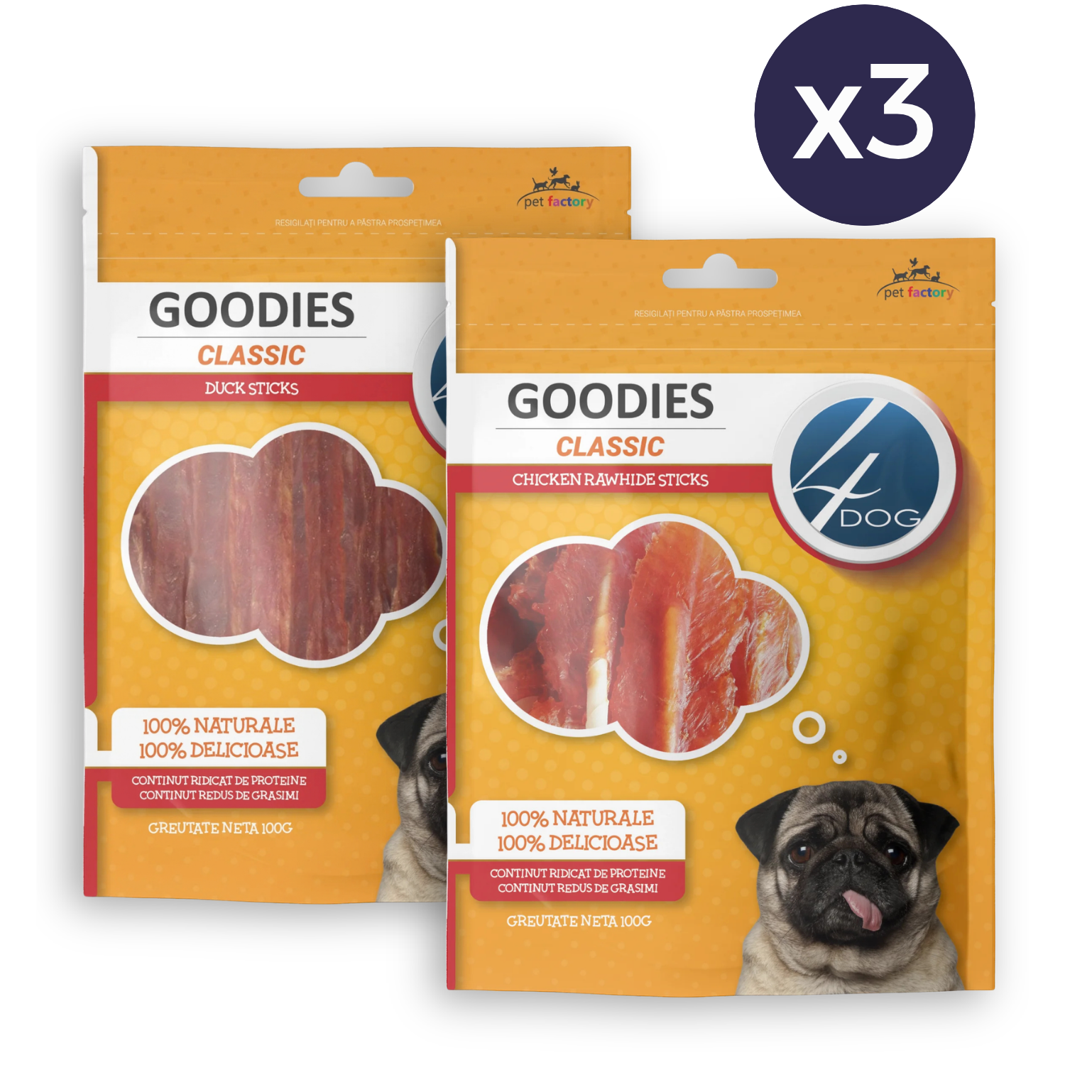 COMBOPACK Recompense pentru Câine Adult, 4DOG GOODIES Classic, Sticks Piele Presată cu Pui și Rață, 6x100g