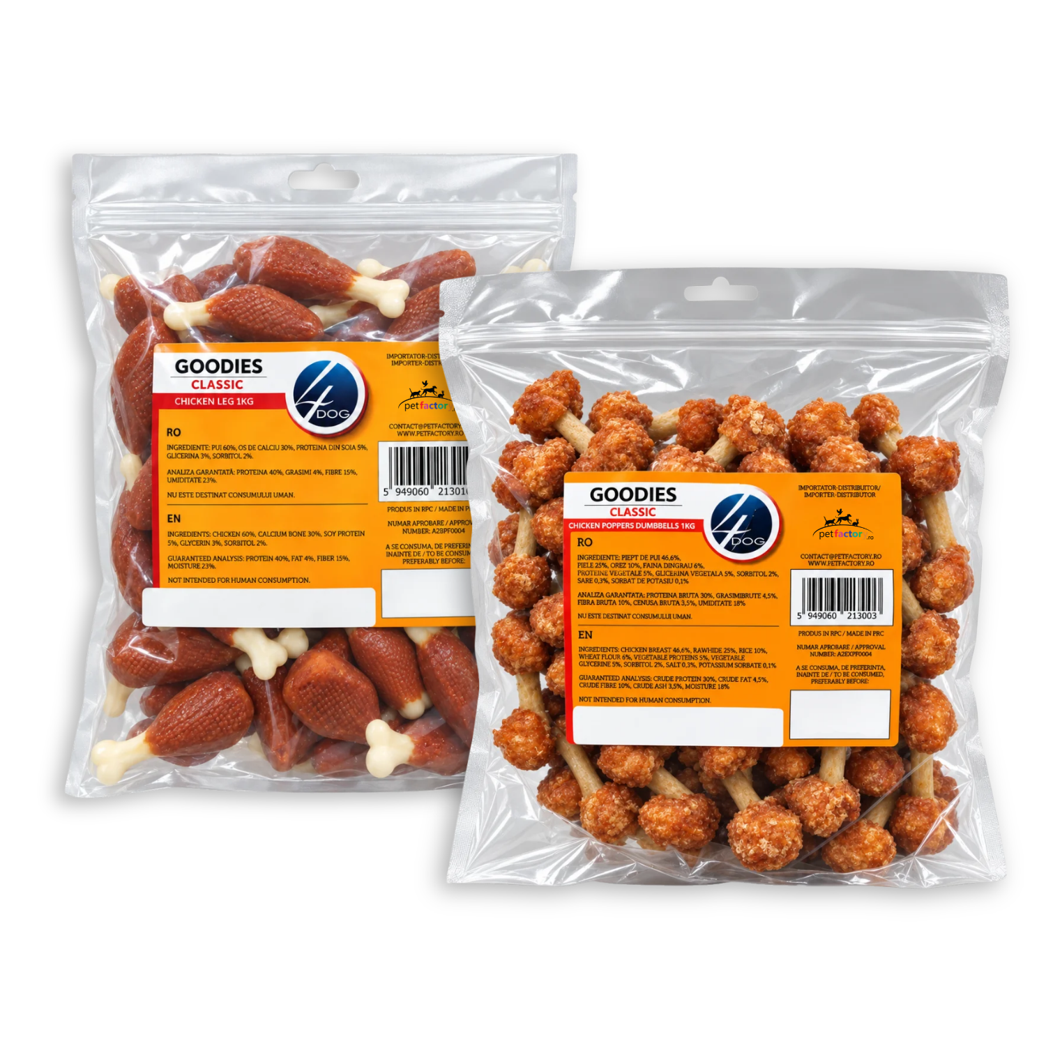 COMBOPACK Recompense pentru Câine Adult, 4DOG GOODIES Classic, Copan și Dumbbells cu Pui, 2x1kg