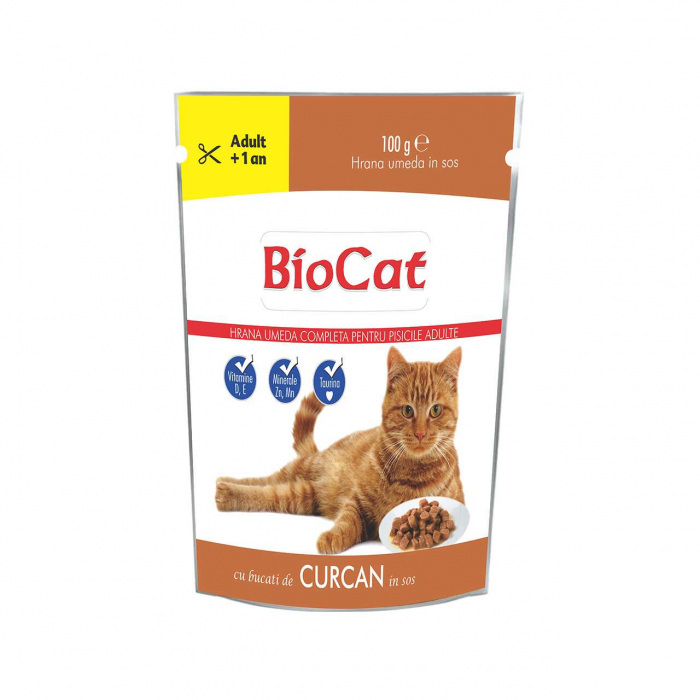 BIOCAT Hrană Umedă pentru Pisici, Plic Curcan în Sos, 100g - Hrana Completă și Echilibrată pentru Pisici Adulte [1]