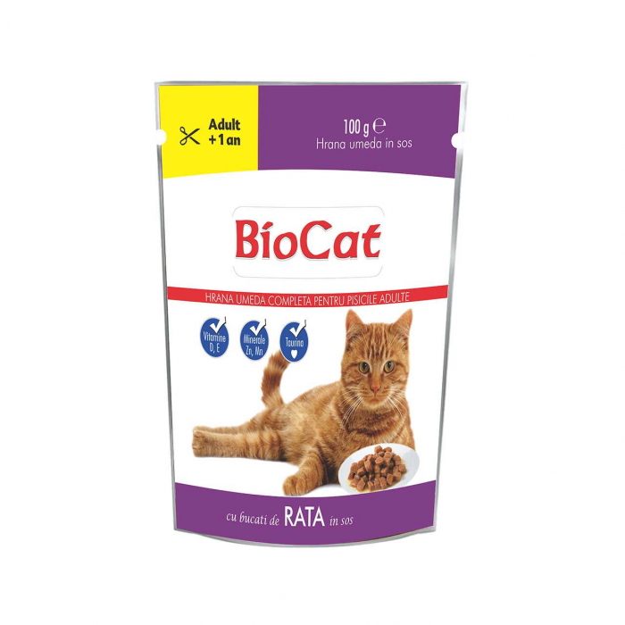 BIOCAT Hrana umedă pentru pisici, Plic Rață în Sos, 100g – Hrana completă pentru pisici adulte [1]