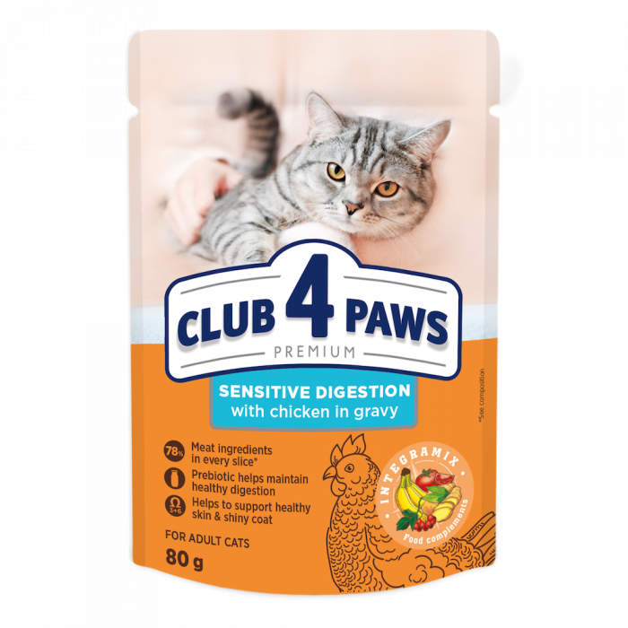 Hrană umedă pentru pisici CLUB4PAWS Premium Sensitive Digestion cu pui în sos, 80g [1]