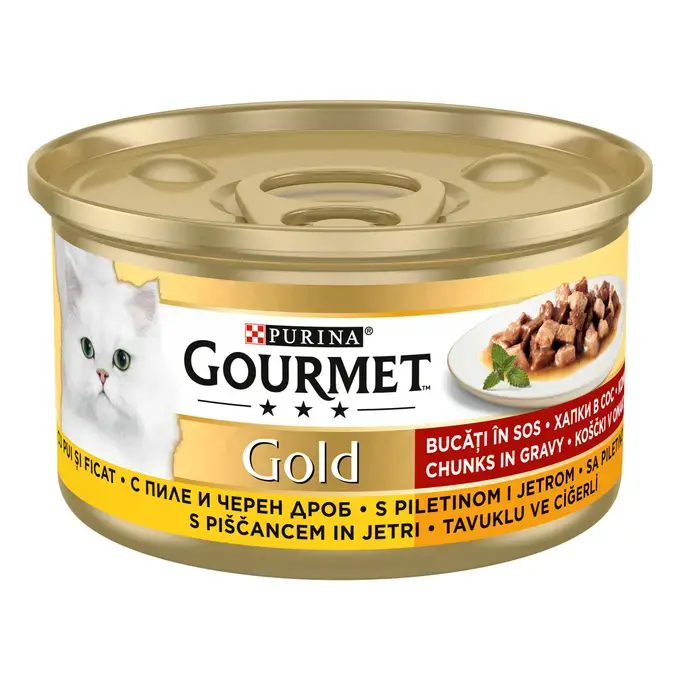 Gourmet Gold Bucăți în Sos – Hrană umedă pentru pisici cu Pui și Ficat, 85g [1]