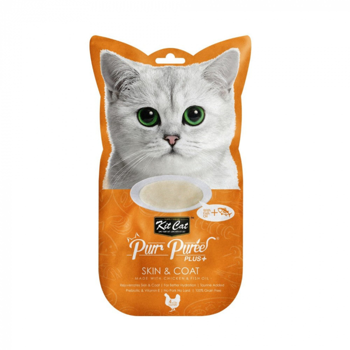 Kit Cat Purr Puree Plus Skin & Coat – Recompense cremoase pentru pisici, cu pui și somon, 4 x 15g [1]