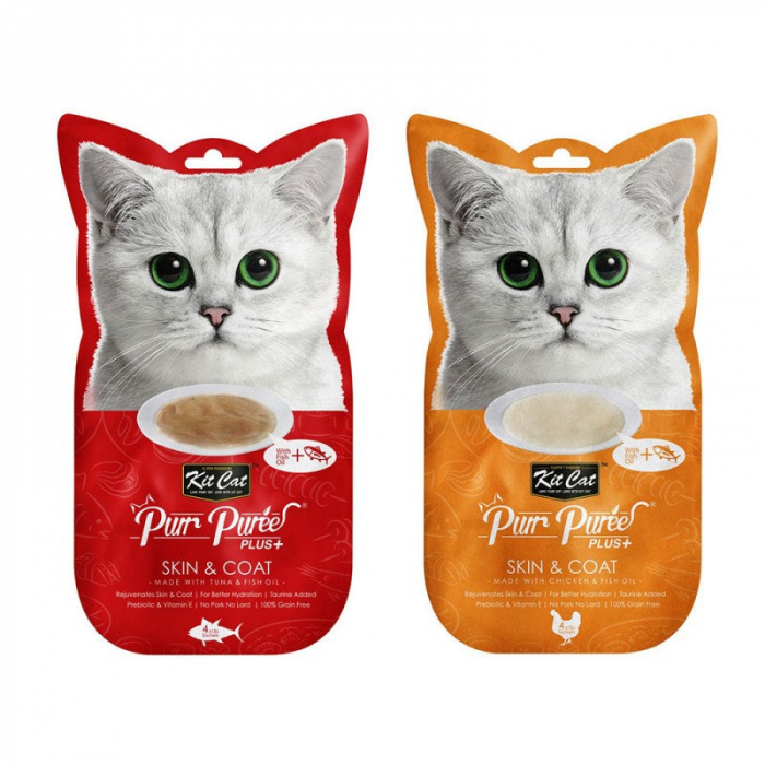 Kit Cat Purr Puree Plus Skin & Coat – Recompense cremoase pentru pisici, cu ton, 4 x 15g [3]