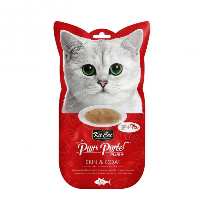 Kit Cat Purr Puree Plus Skin & Coat – Recompense cremoase pentru pisici, cu ton, 4 x 15g [1]