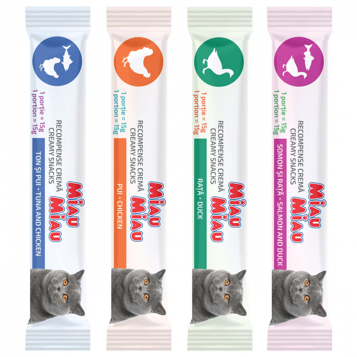 MIAU MIAU Creamy Snacks, Recompense Cremoase pentru Pisici, Mix cu Somon, Rață, Ton și Pui, 4x15g [2]