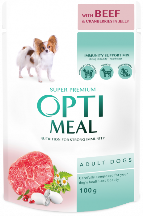 OPTIMEAL Plic Hrana Umedă pentru Câini cu Vită și Merișoare în Jeleu - 100g [1]
