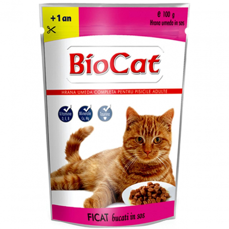 Hrana Pisici - BIOCAT Hrana umedă pentru pisici, Plic Ficat în Sos, 100g – Hrana completă cu ficat pentru pisici adulte