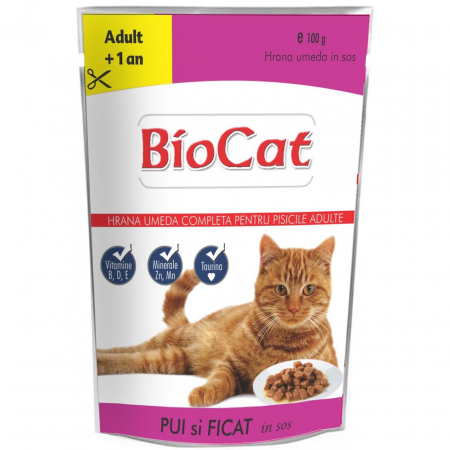 Hrana Pisici - BIOCAT Hrana umedă pentru pisici, Plic Pui & Ficat în Sos, 100g – Hrana completă cu pui și ficat pentru pisici adulte