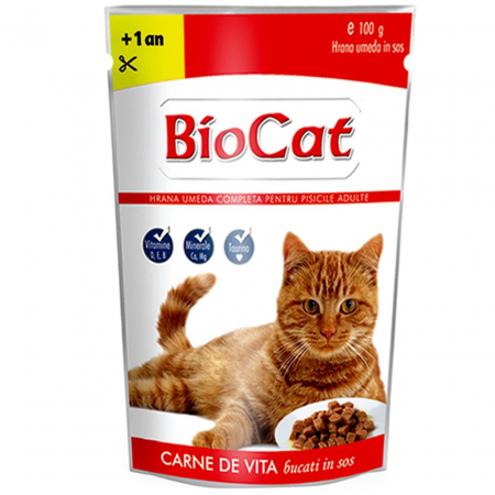 Hrana Pisici - BIOCAT, Hrana umedă pentru pisici, Plic Vită în Sos, 100g