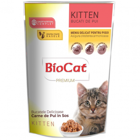 Hrana Pisici - BIOCAT Premium, Hrana umeda pentru pisici junior, Plic Kitten Pui in sos, 85g