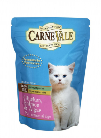 Hrana Pisici - Carnevale Kitten, Hrană umedă premium pentru pisici junior, Plic Pui / Somon / Alge, 85g