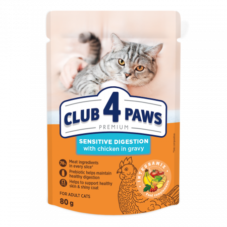 Hrana Pisici - Hrană umedă pentru pisici CLUB4PAWS Premium Sensitive Digestion cu pui în sos, 80g