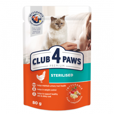 Hrana Pisici - CLUB4PAWS Premium Sterilised – Hrană umedă pentru pisici, Plic, Pui în sos, 80g