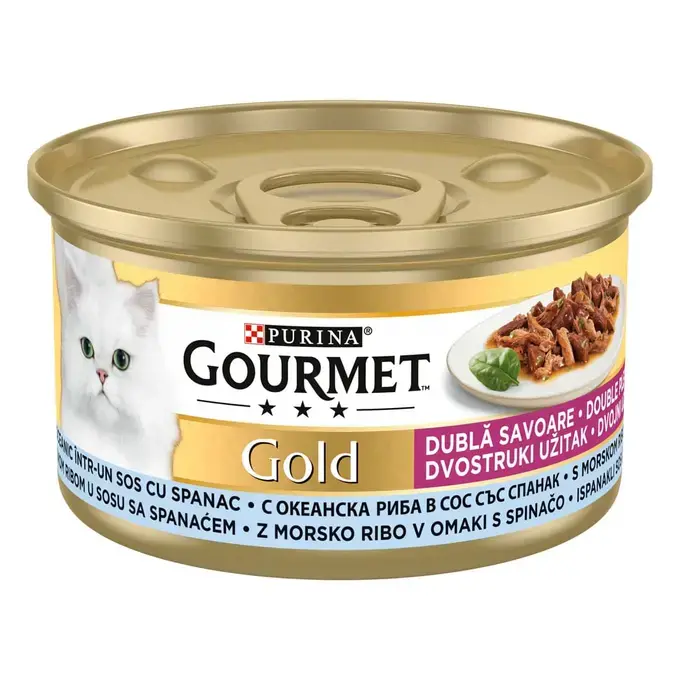 Pisici - Gourmet Gold Dubla Savoare – Hrană umedă pentru pisici cu Pește oceanic și Spanac, 85g