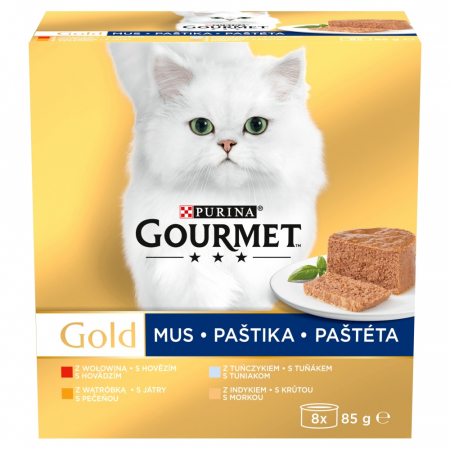 Hrana Pisici - ourmet Gold Mousse, Hrană Umedă pentru Pisici, Pachet Mixat (Vită, Curcan, Ficat, Ton), 8 x 85g