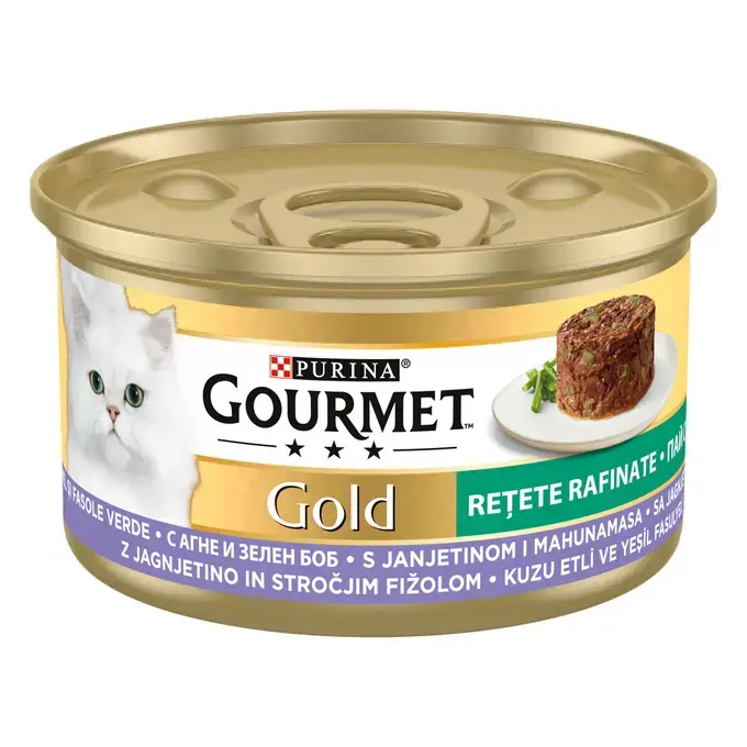Pisici - Gourmet Gold Savoury Cake, Hrană Umedă pentru Pisici, Miel și Fasole Verde, 85g – Textură unică și rafinată!